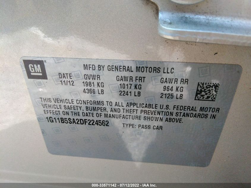 2013 CHEVROLET MALIBU LS - 1G11B5SA2DF224562