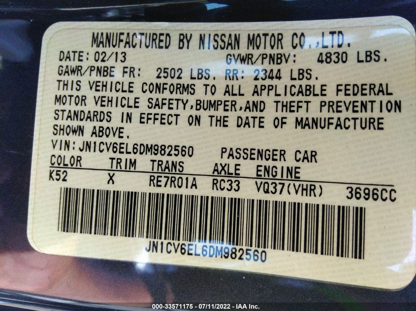 2013 INFINITI G37 COUPE X JN1CV6EL6DM982560