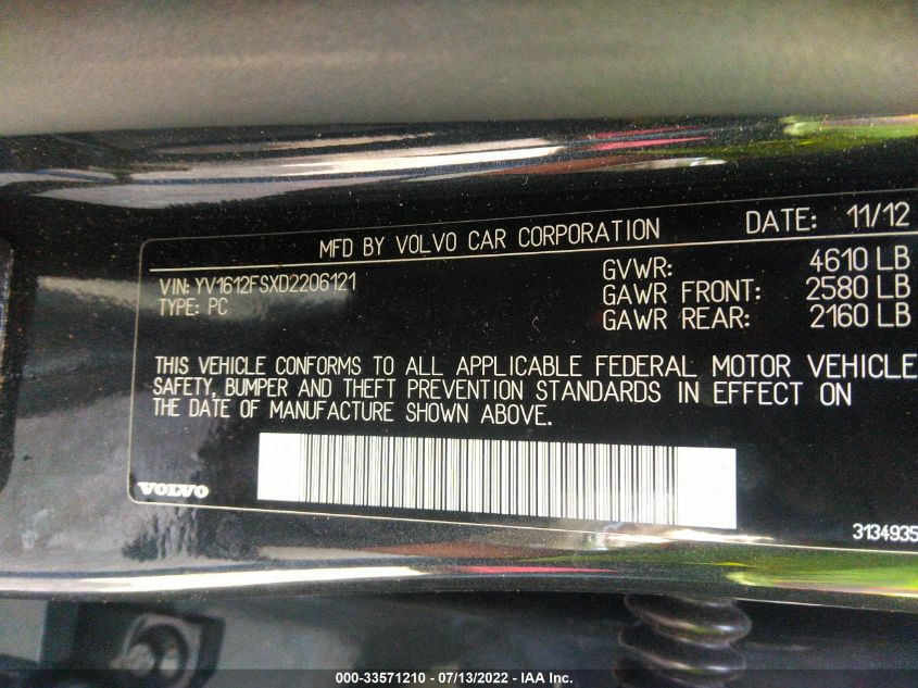 2013 VOLVO S60 T5 YV1612FSXD2206121