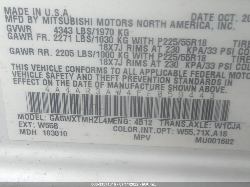 2015 MITSUBISHI OUTLANDER SPORT 2.4 ES 4A4AR3AW4FE059443
