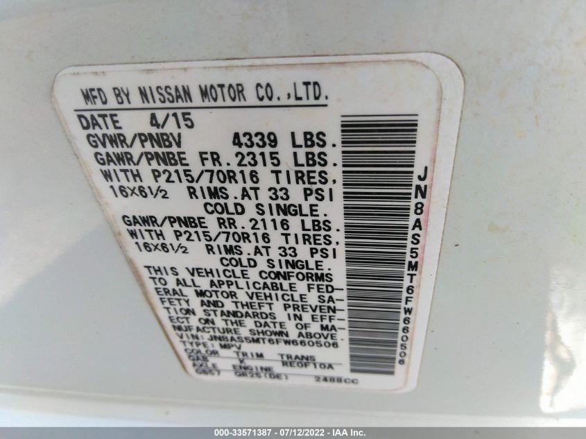 2015 NISSAN ROGUE SELECT S JN8AS5MT6FW660506
