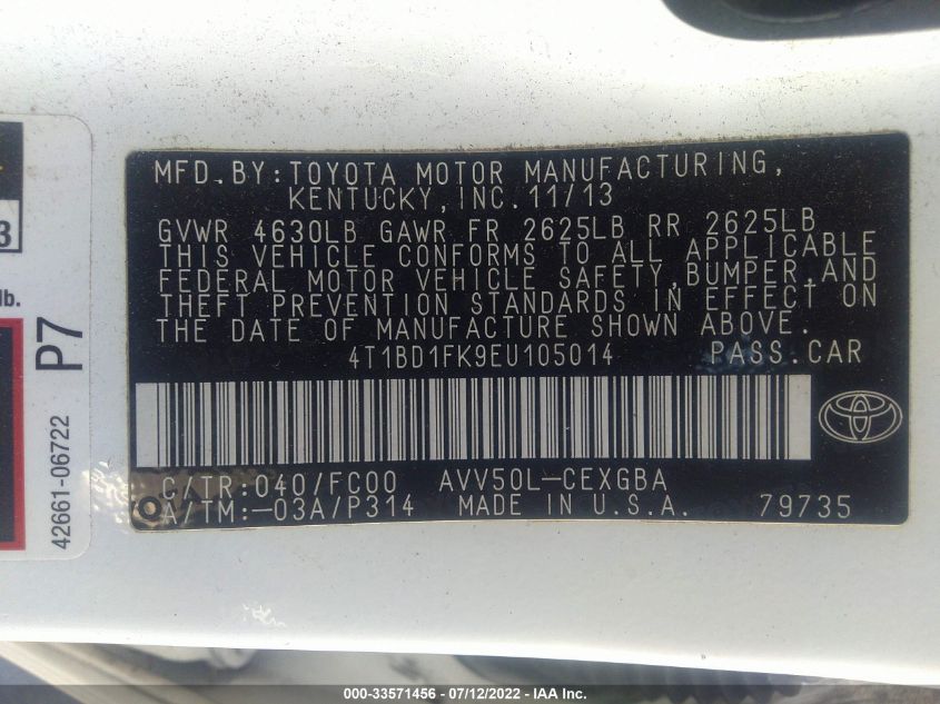 2014 TOYOTA CAMRY HYBRID LE/XLE/SE LIMITED EDITION 4T1BD1FK9EU105014