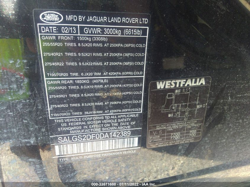2013 LAND ROVER RANGE ROVER HSE SALGS2DF0DA142389