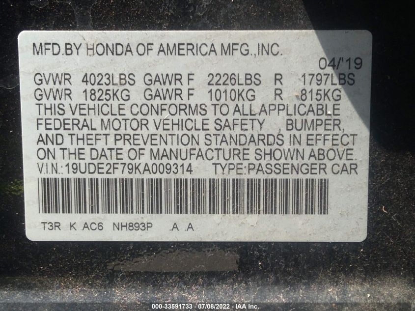 2019 ACURA ILX PKG 19UDE2F79KA009314