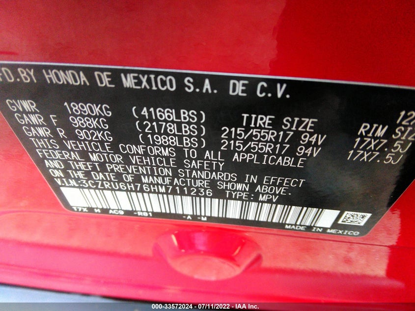 VIN 3CZRU6H76HM711236 2017 HONDA HR-V EX-L NAVI