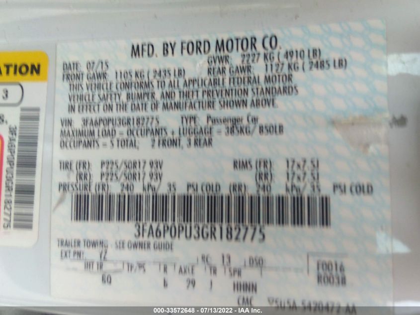 2016 FORD FUSION ENERGI SE LUXURY 3FA6P0PU3GR182775