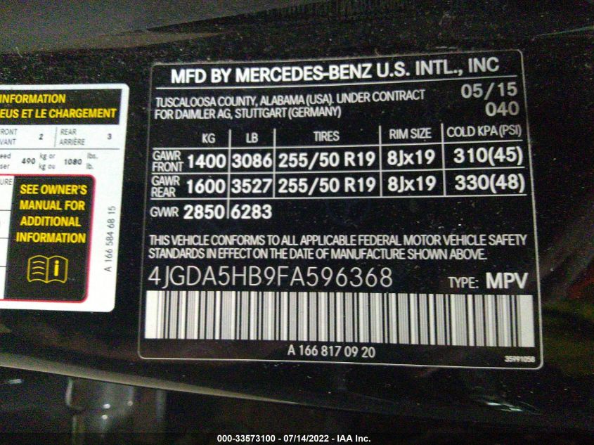 2015 MERCEDES-BENZ M-CLASS 350 4MATIC 4JGDA5HB9FA596368