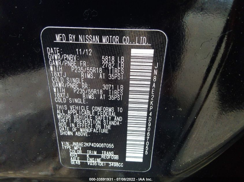 2013 NISSAN QUEST SL JN8AE2KP4D9067055
