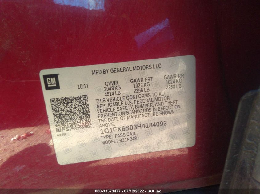 2017 CHEVROLET BOLT EV PREMIER 1G1FX6S03H4184093