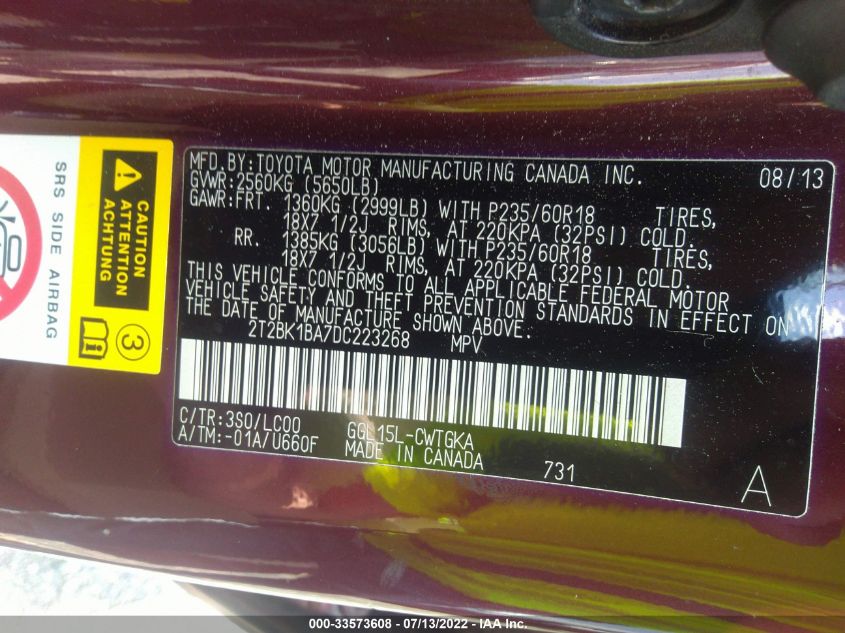 2013 LEXUS RX 350 2T2BK1BA7DC223268