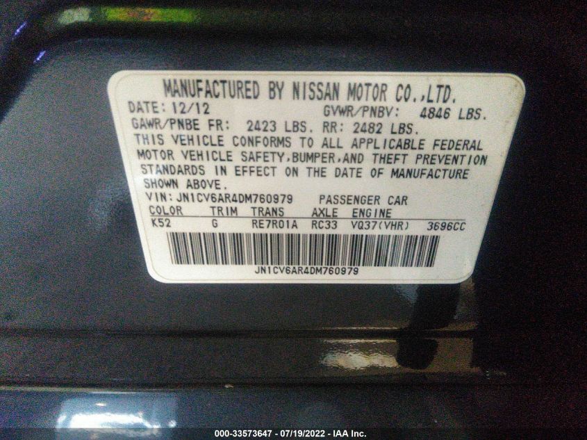 2013 INFINITI G37 SEDAN X JN1CV6AR4DM760979