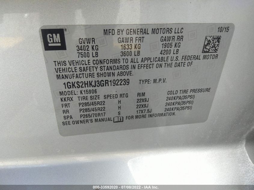 2016 GMC YUKON XL DENALI 1GKS2HKJ3GR192239
