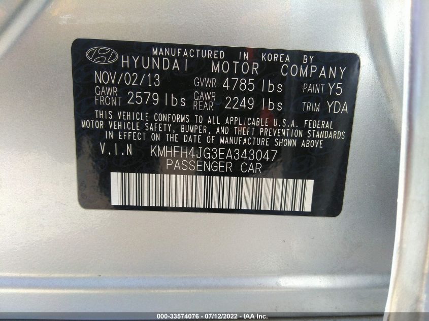 2014 HYUNDAI AZERA LIMITED KMHFH4JG3EA343047