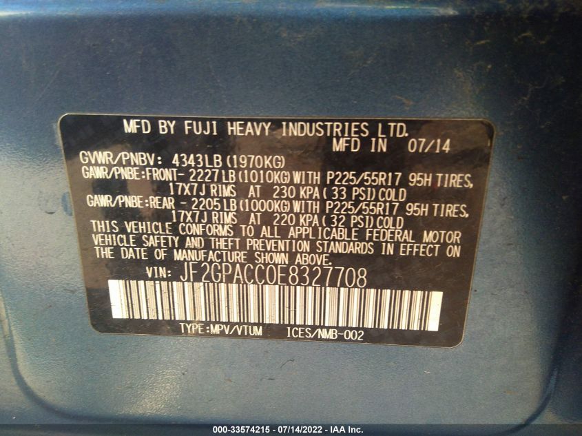 2014 SUBARU XV CROSSTREK PREMIUM JF2GPACC0E8327708
