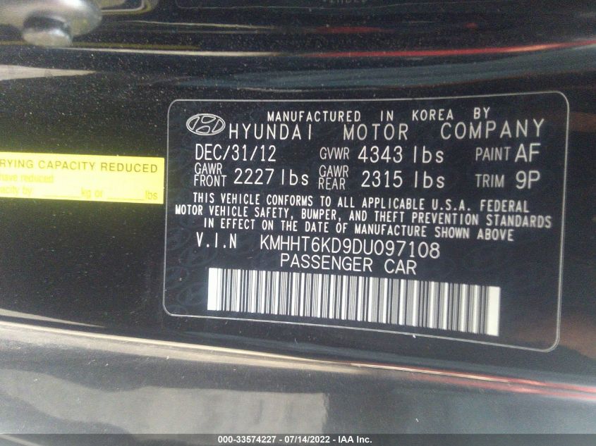 2013 HYUNDAI GENESIS COUPE 2.0T KMHHT6KD9DU097108