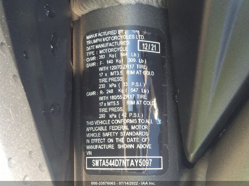 2022 TRIUMPH MOTORCYCLE STREET TRIPLE R (LRH) SMTA544D7NTAY5097