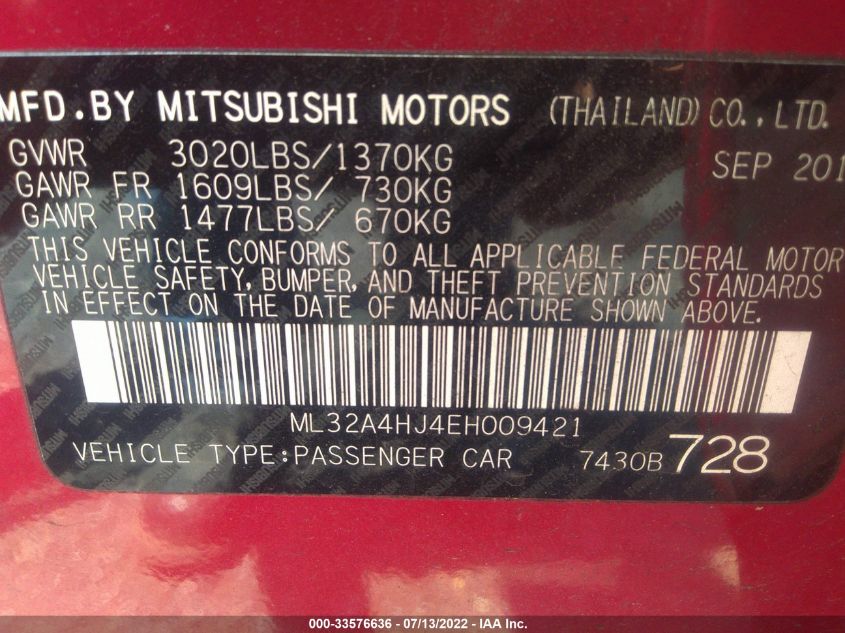 2014 MITSUBISHI MIRAGE ES ML32A4HJ4EH009421