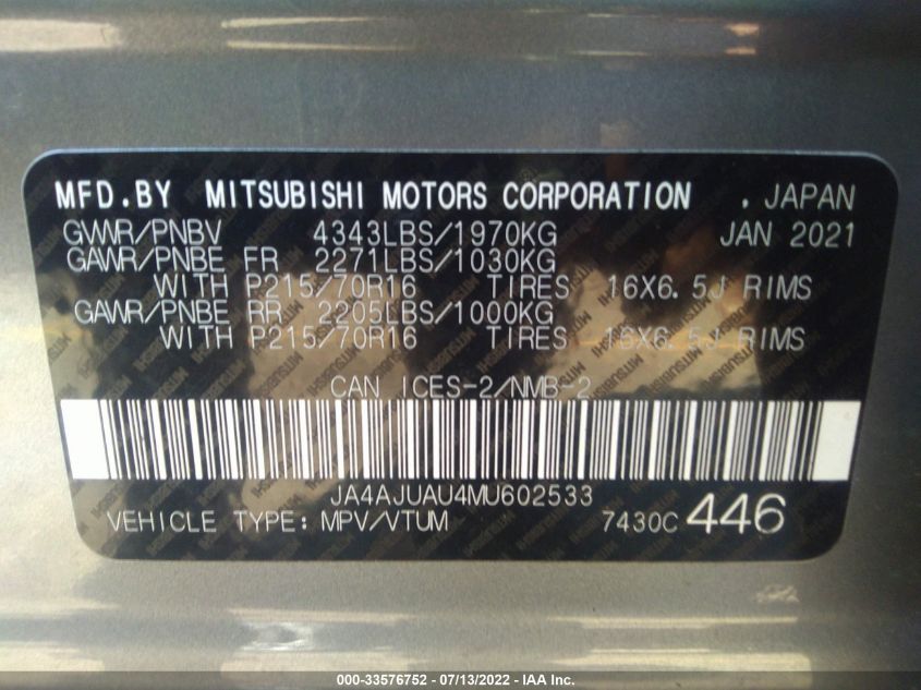 2021 MITSUBISHI RVR ES JA4AJUAU4MU602533
