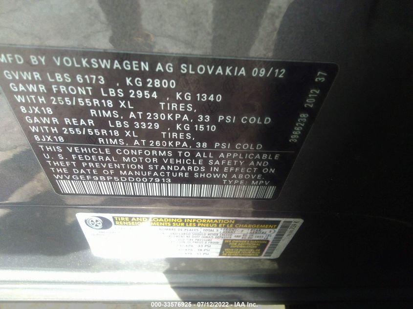 2013 VOLKSWAGEN TOUAREG SPORT WVGEF9BP5DD007913