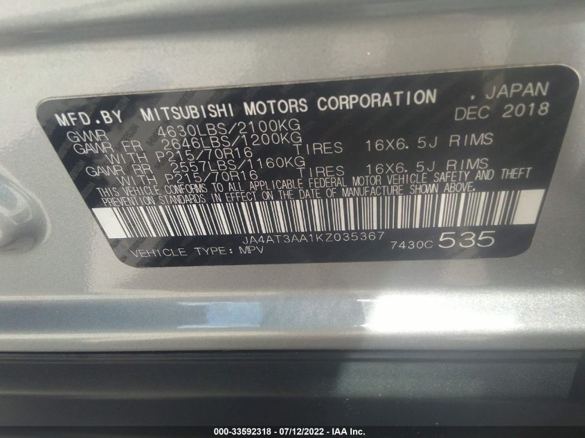 2019 MITSUBISHI ECLIPSE CROSS ES JA4AT3AA1KZ035367
