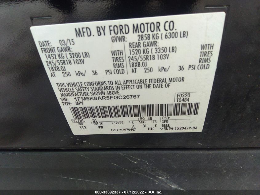 2015 FORD UTILITY POLICE 1FM5K8AR5FGC26767