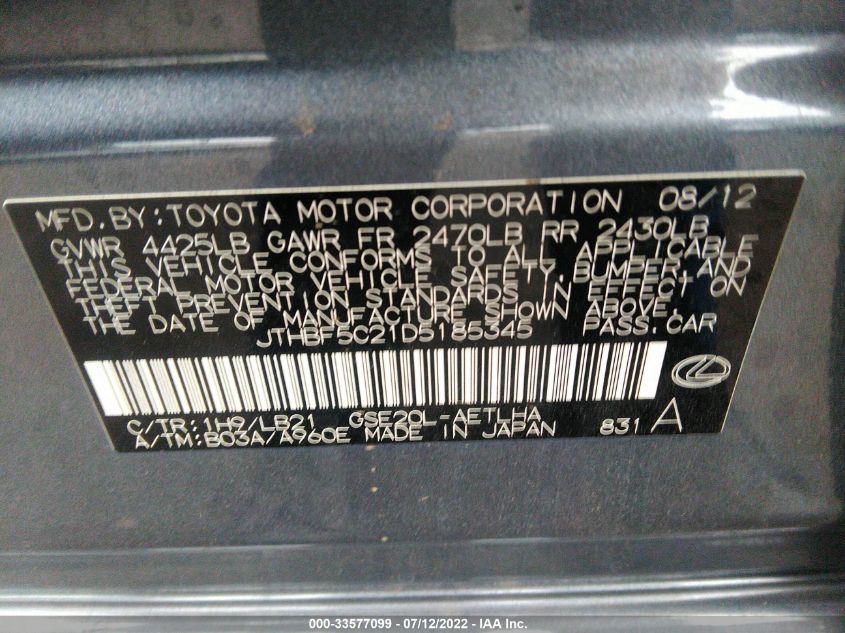 2013 LEXUS IS 250 JTHBF5C21D5185345
