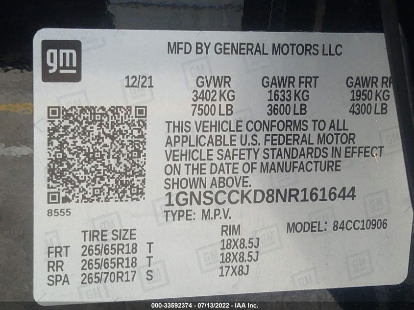 2022 CHEVROLET SUBURBAN LT 1GNSCCKD8NR161644