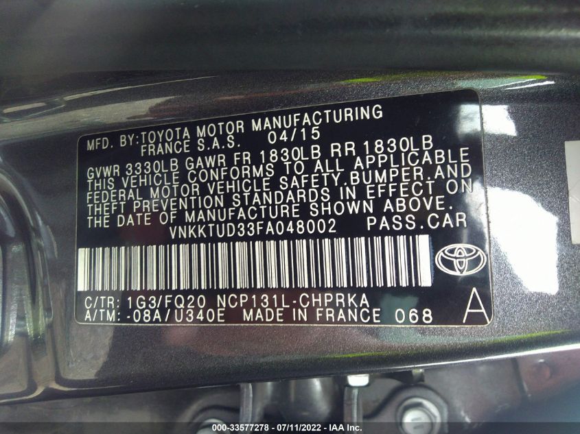 2015 TOYOTA YARIS L/SE/LE VNKKTUD33FA048002