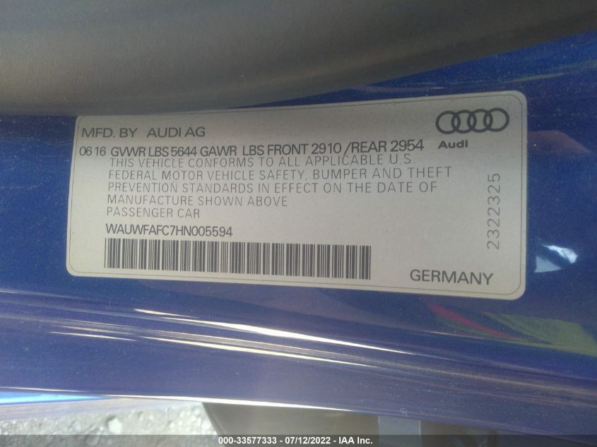 2017 AUDI S7 PREMIUM PLUS WAUWFAFC7HN005594