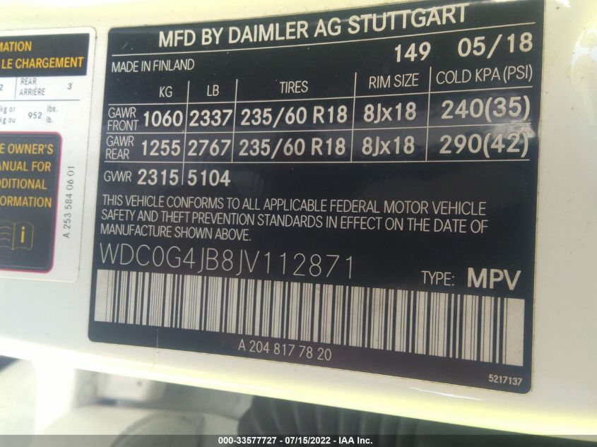 2018 MERCEDES-BENZ GLC GLC 300 WDC0G4JB8JV112871