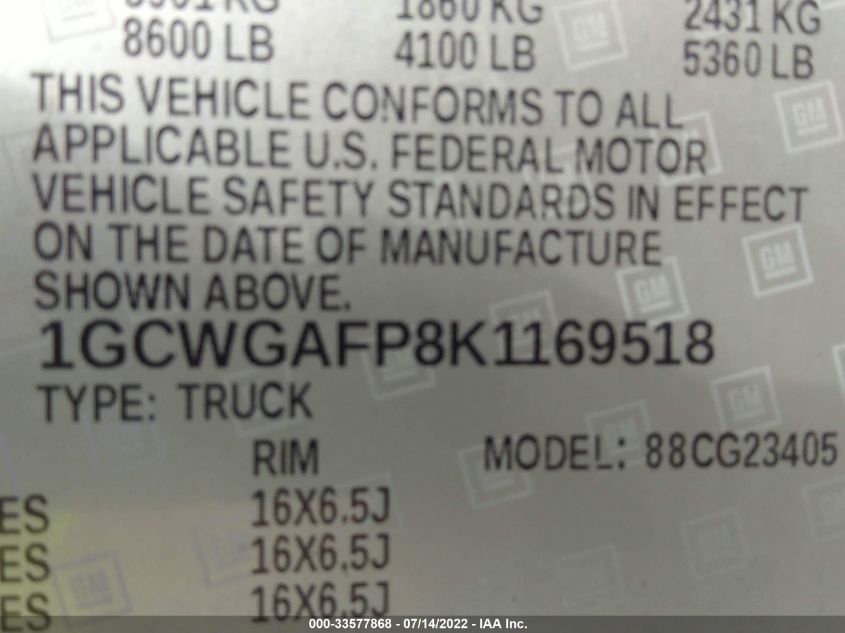 2019 CHEVROLET EXPRESS CARGO VAN 1GCWGAFP8K1169518