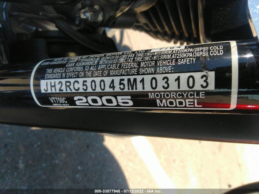 2005 HONDA VT750 C JH2RC50045M103103