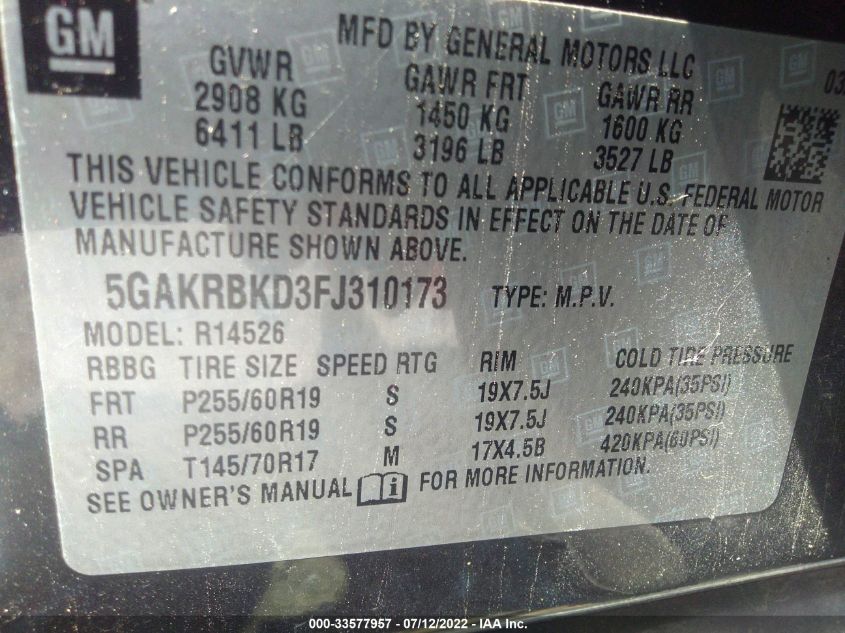 2015 BUICK ENCLAVE LEATHER 5GAKRBKD3FJ310173