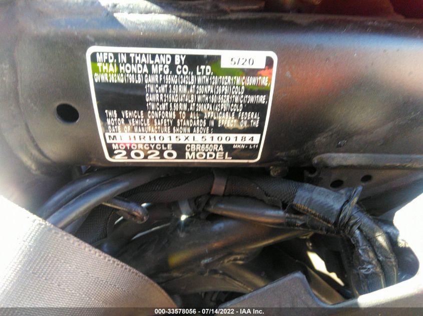 2020 HONDA CBR650 RA MLHRH015XL5100184