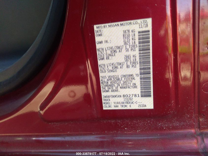2019 NISSAN NV CARGO SV 1N6BF0KM5KN802781