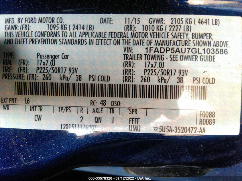 2016 FORD C-MAX HYBRID SE 1FADP5AU7GL103586