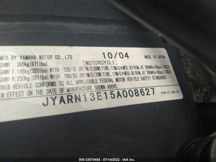 2005 YAMAHA YZFR1 JYARN13E15A008627