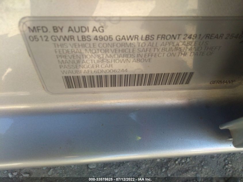 2013 AUDI A4 PREMIUM WAUBFAFL6DN006244
