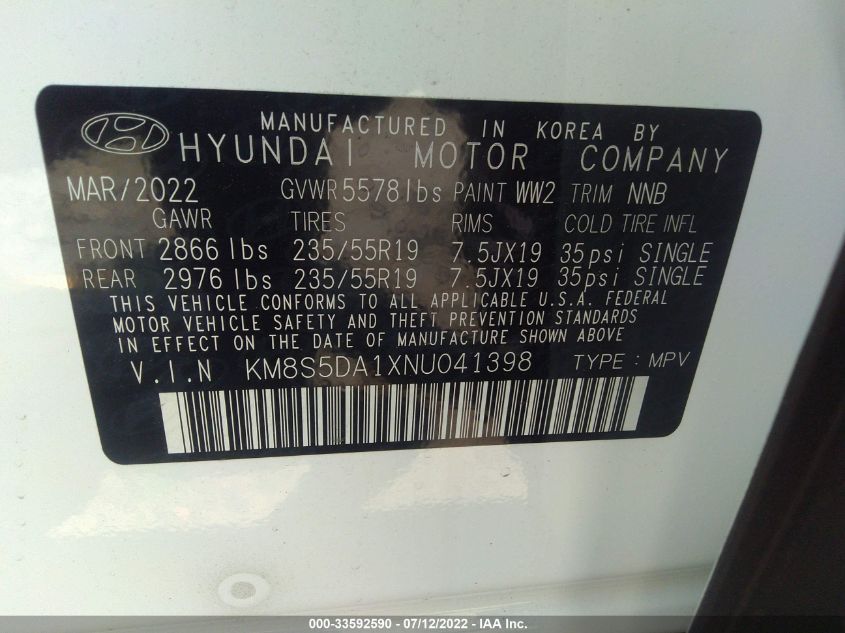 2022 HYUNDAI SANTA FE HYBRID LIMITED KM8S5DA1XNU041398