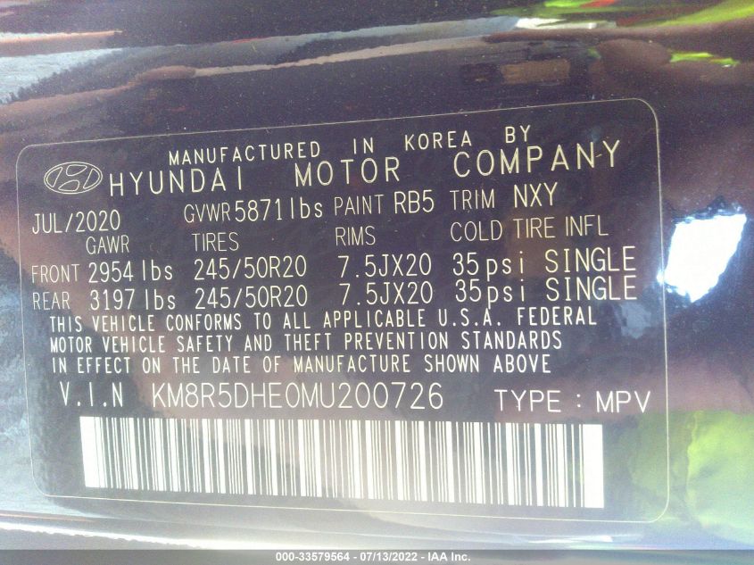 2021 HYUNDAI PALISADE LIMITED KM8R5DHE0MU200726