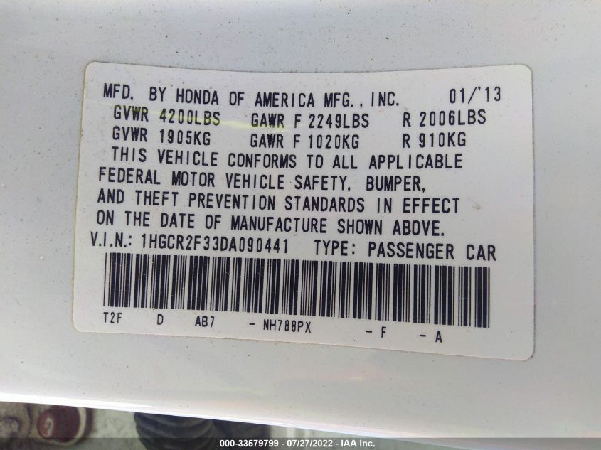 2013 HONDA ACCORD LX 1HGCR2F33DA090441