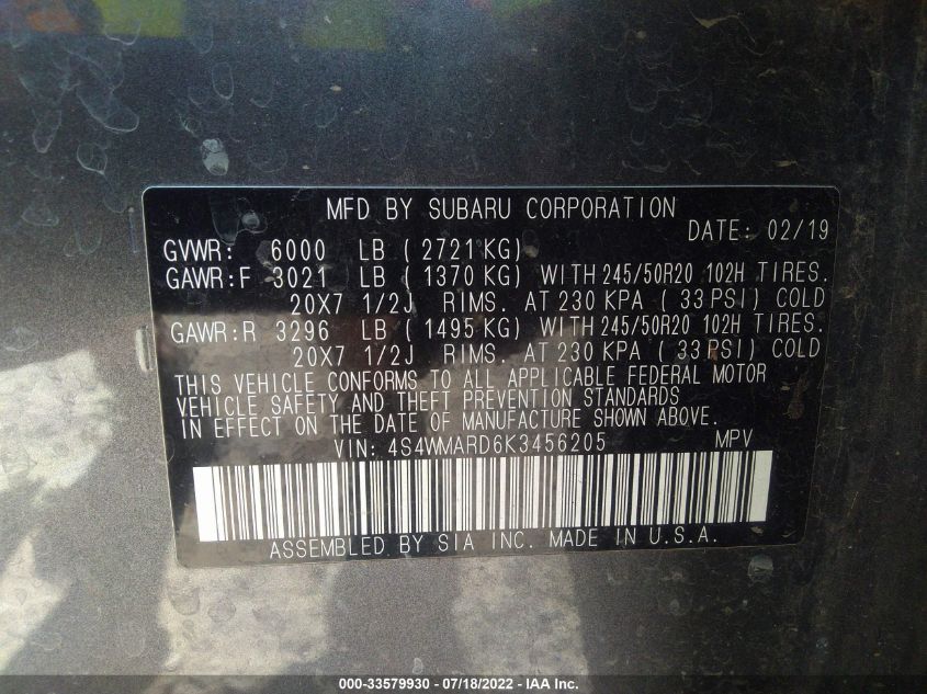 2019 SUBARU ASCENT TOURING 4S4WMARD6K3456205