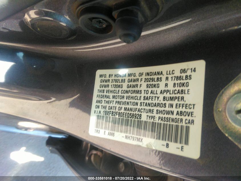 2014 HONDA CIVIC EX 19XFB2F80EE058928