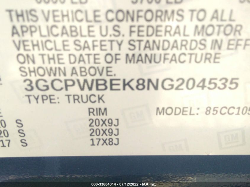 2022 CHEVROLET SILVERADO 1500 LTD CUSTOM 3GCPWBEK8NG204535