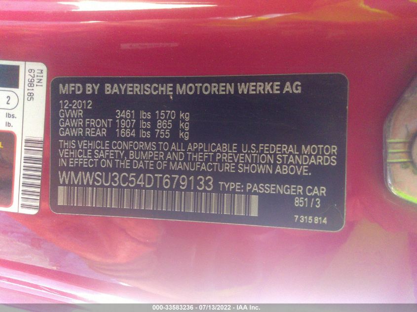2013 MINI COOPER HARDTOP WMWSU3C54DT679133