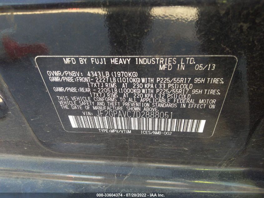 2013 SUBARU XV CROSSTREK PREMIUM JF2GPAVC7D2888051