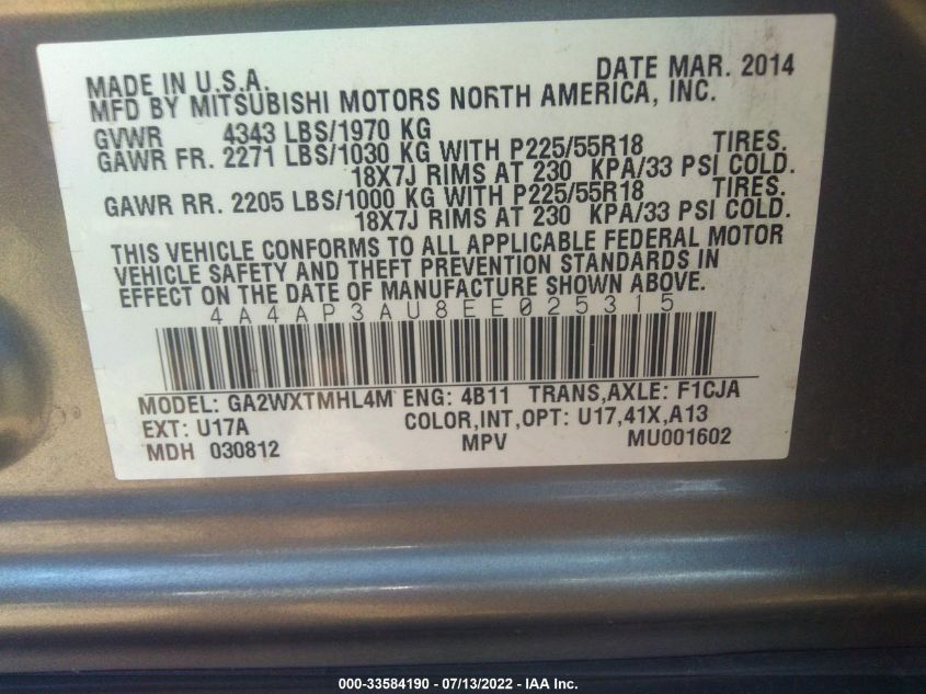 2014 MITSUBISHI OUTLANDER SPORT ES 4A4AP3AU8EE025315