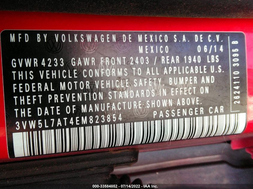 2014 VOLKSWAGEN BEETLE CONVERTIBLE 2.0L TDI 3VW5L7AT4EM823854
