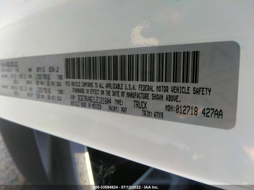 2020 RAM PROMASTER CARGO VAN 3C6TRVAG1LE121604