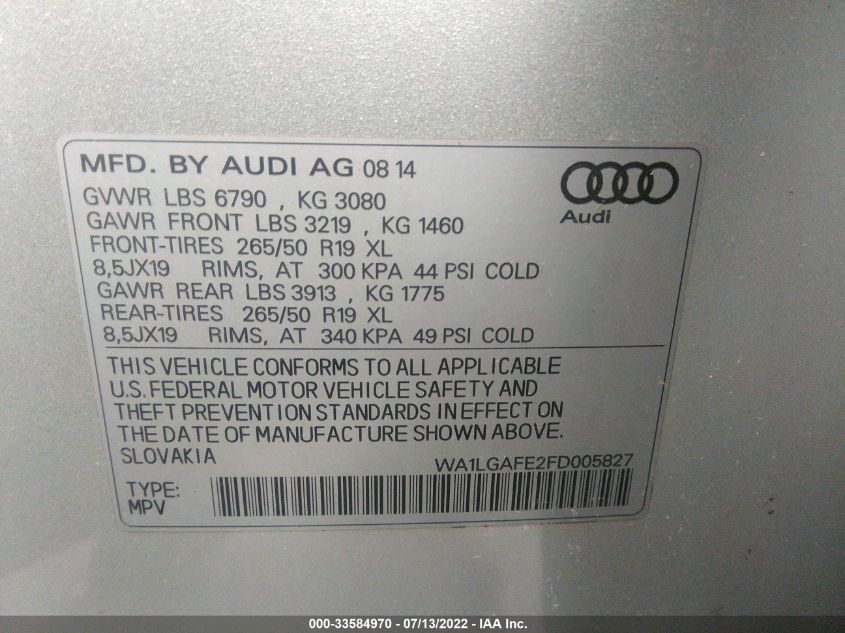 2015 AUDI Q7 3.0T PREMIUM PLUS WA1LGAFE2FD005827